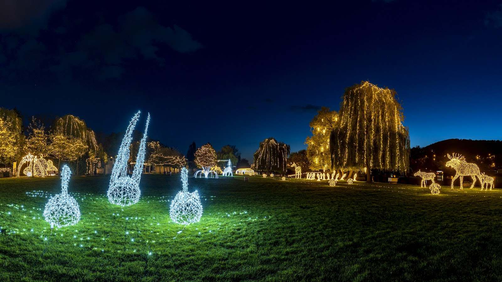 Light sculptures of hares and deer on a grassy field under lit trees at night